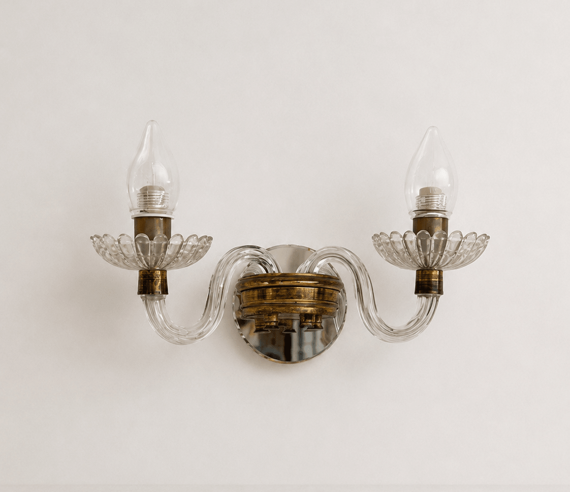 Pair of Mid-Century Murano Glass & Brass Two-Arm Wall Sconces – Wall Sconces – MILLA OBJETS