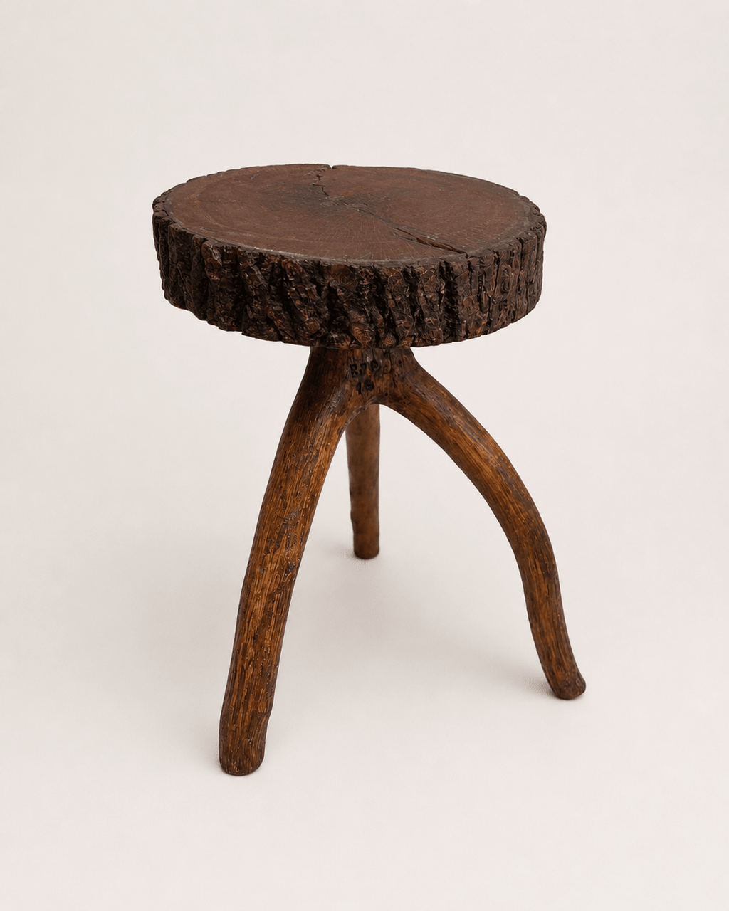 Vintage Brutalist Live-Edge Oak Log Stool with Branch Legs – Stool – MILLA OBJETS