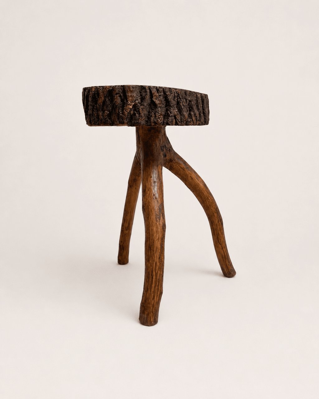 Vintage Brutalist Live-Edge Oak Log Stool with Branch Legs – Stool – MILLA OBJETS