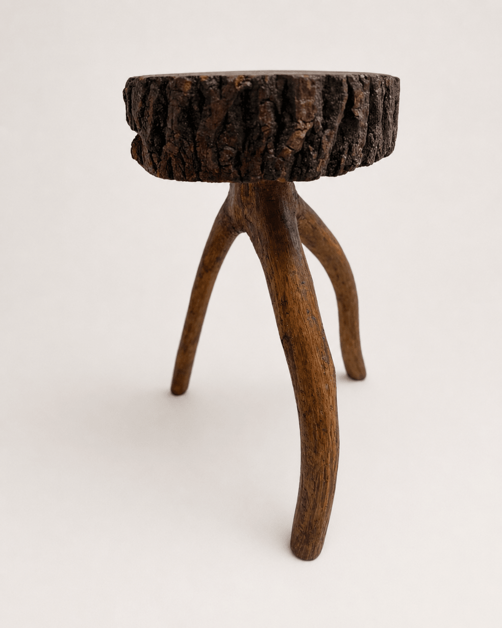 Vintage Brutalist Live-Edge Oak Log Stool with Branch Legs – Stool – MILLA OBJETS