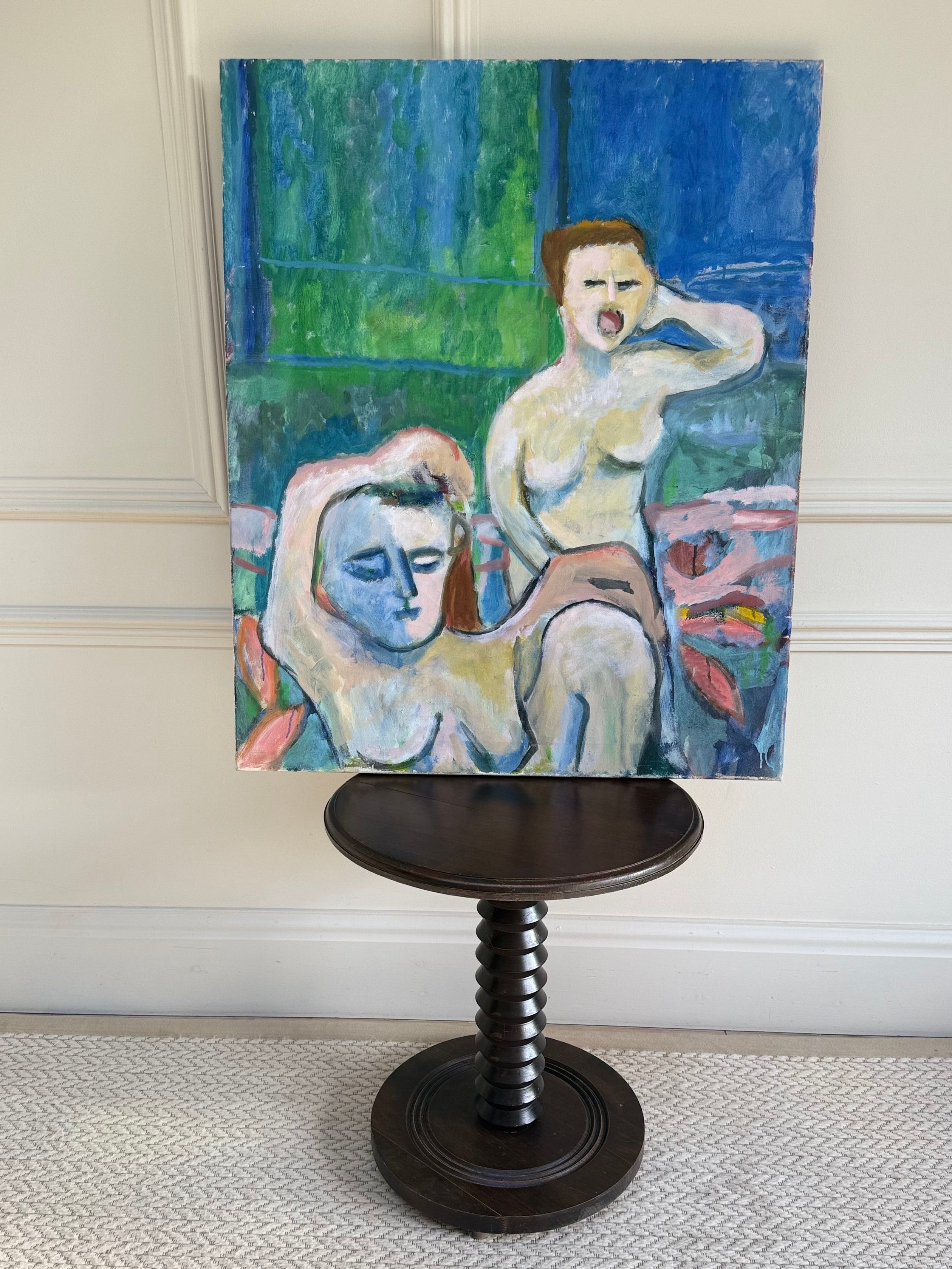 An expressive oil painting of two female nudes