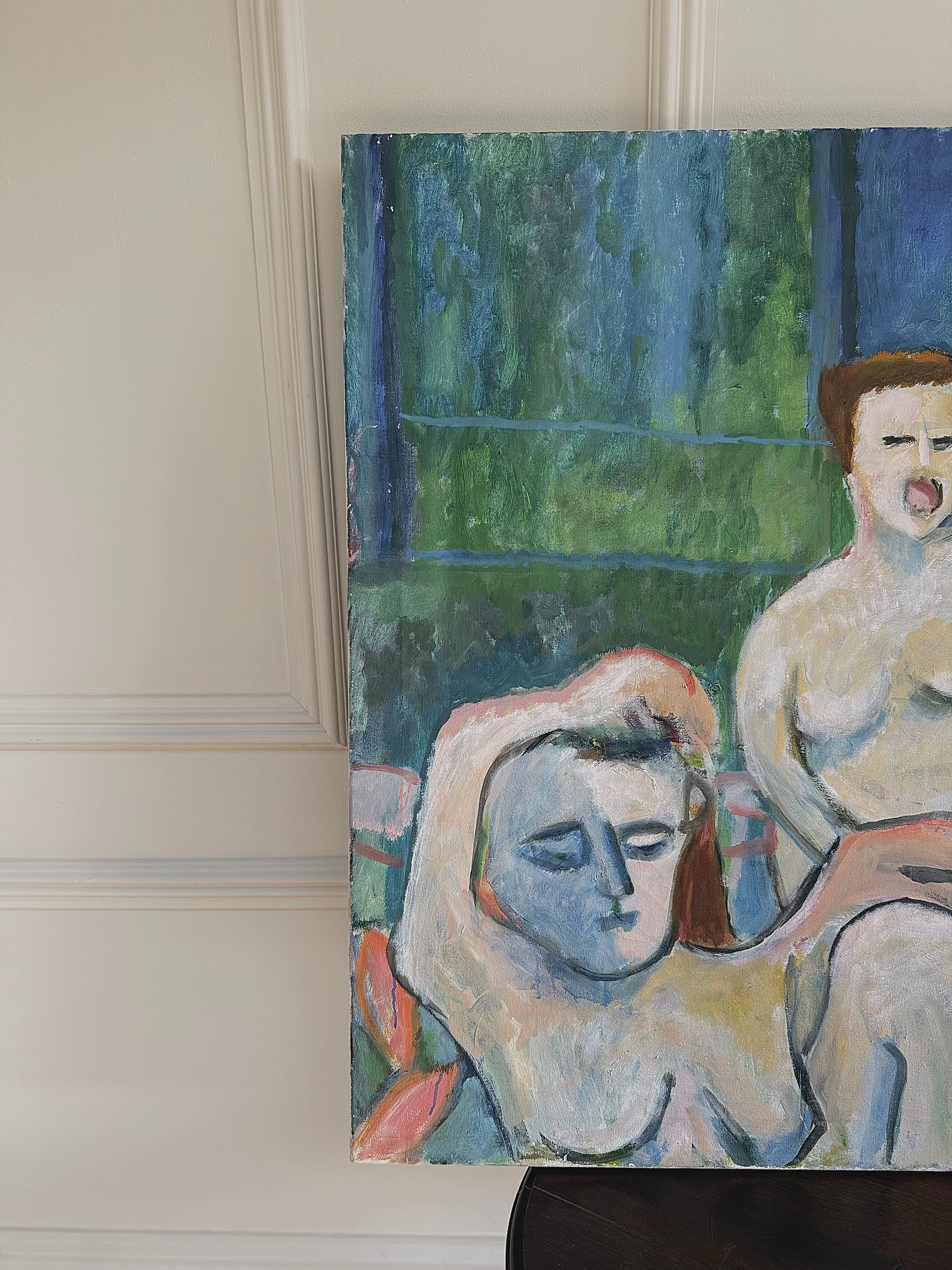 An expressive oil painting of two female nudes