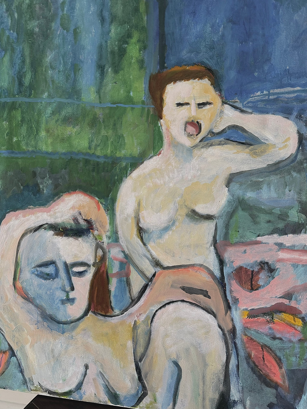 An expressive oil painting of two female nudes
