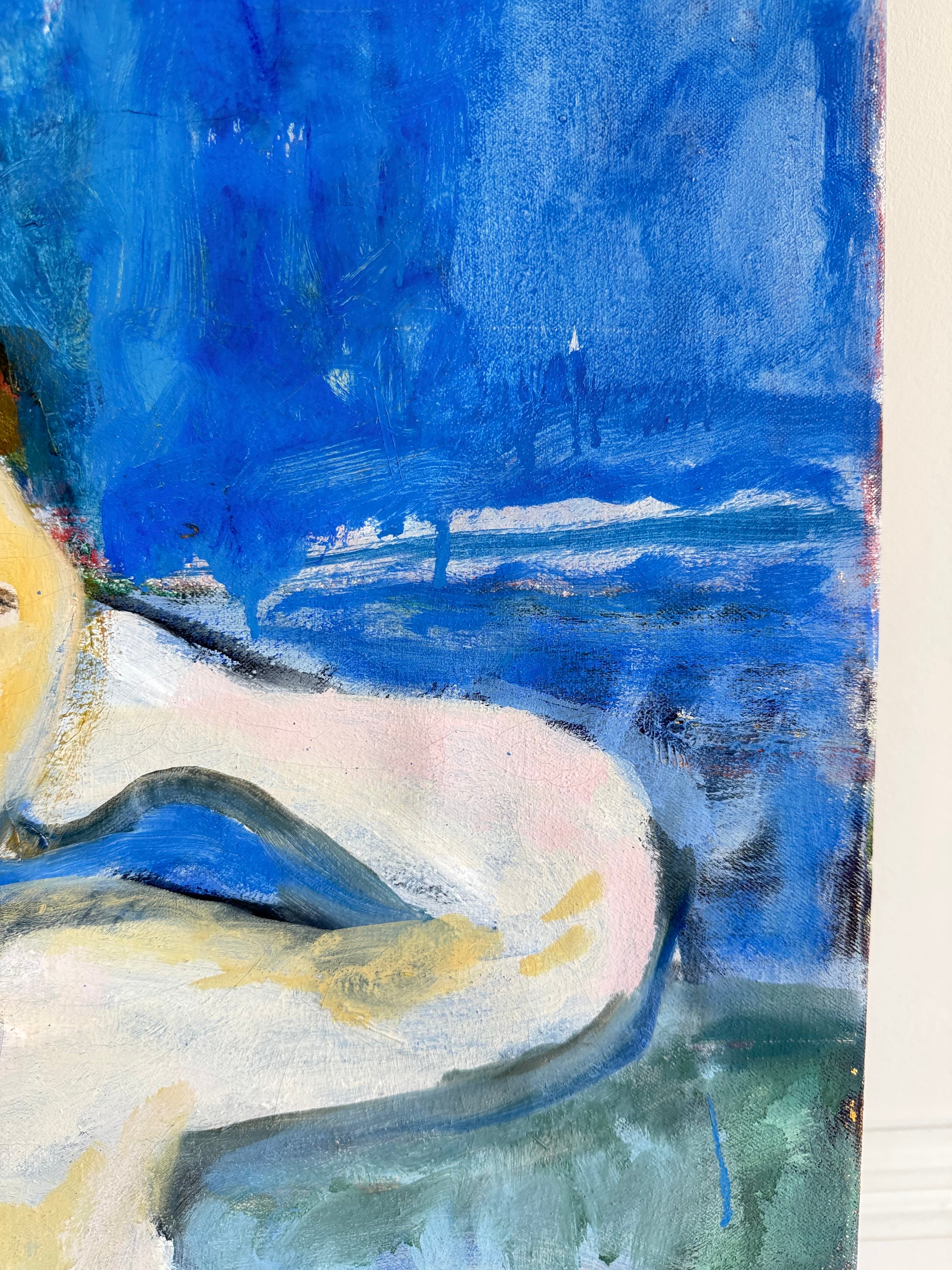 An expressive oil painting of two female nudes