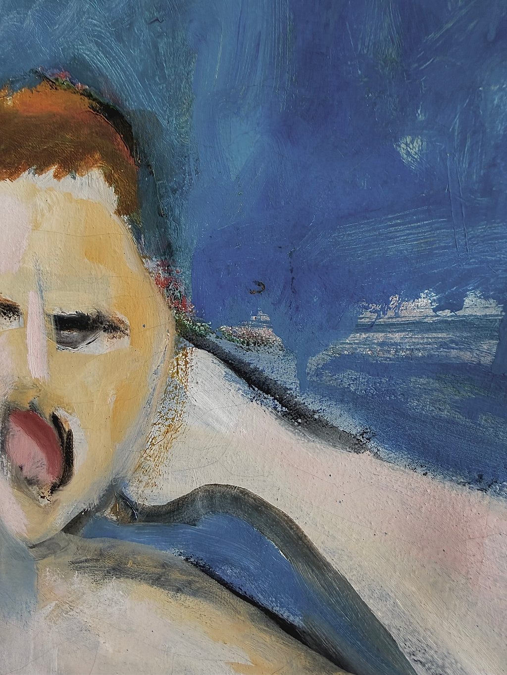 An expressive oil painting of two female nudes