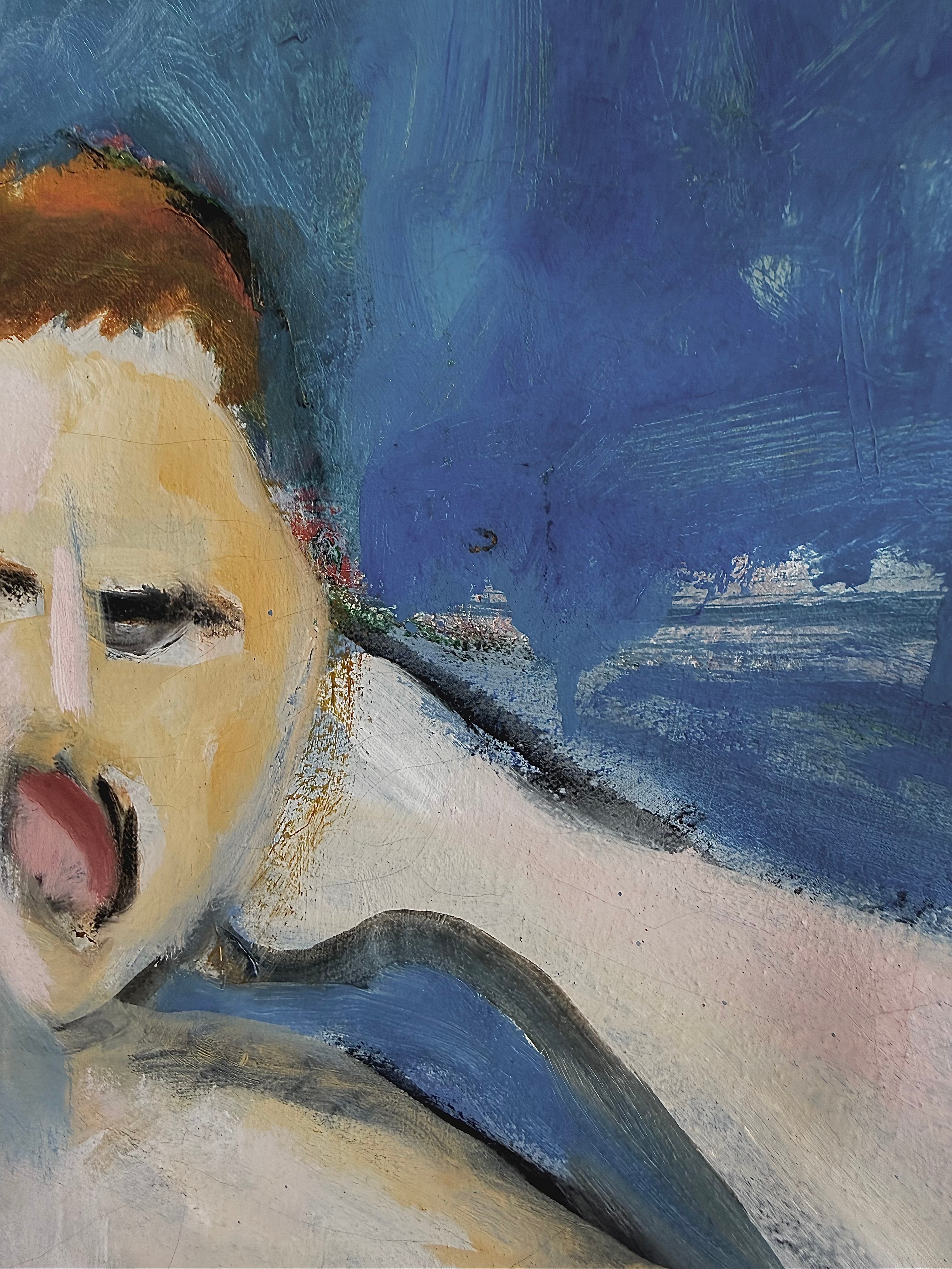 An expressive oil painting of two female nudes