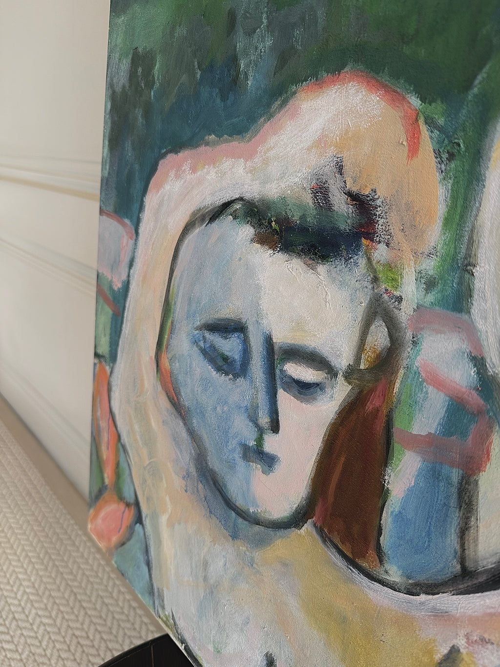 An expressive oil painting of two female nudes
