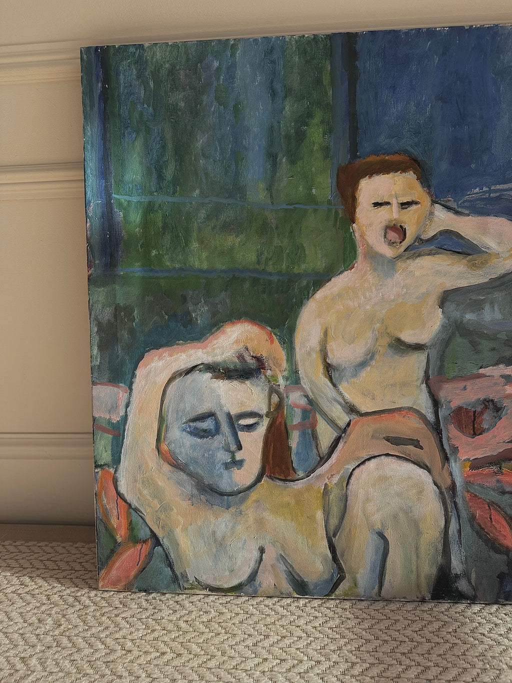 An expressive oil painting of two female nudes