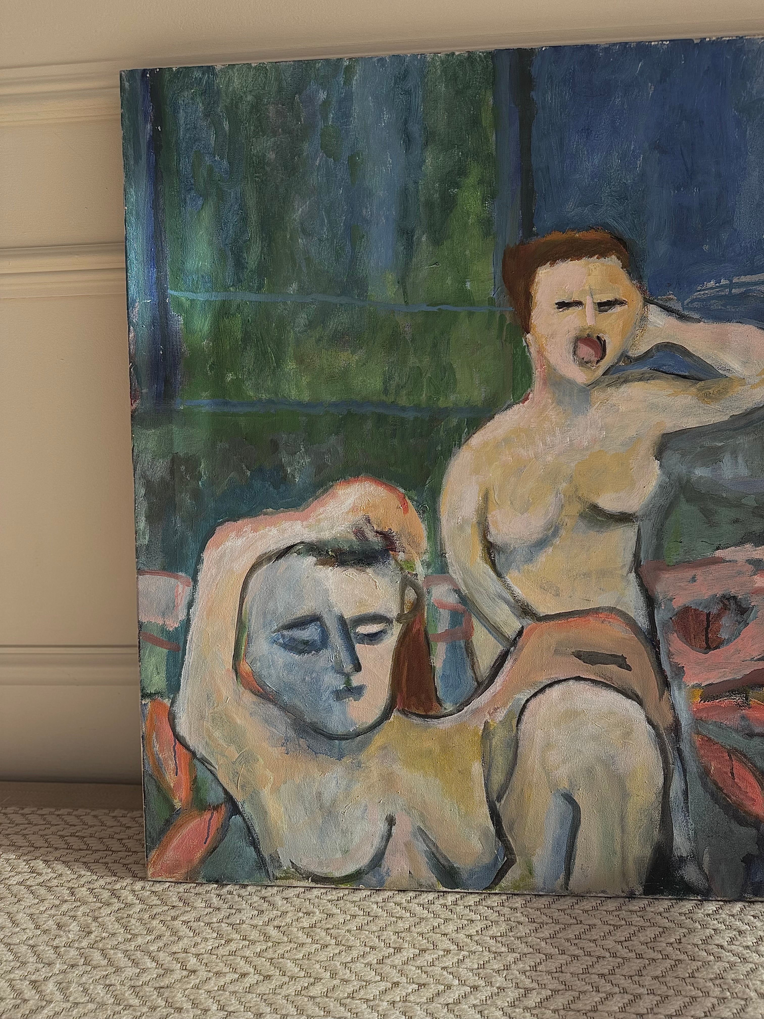 An expressive oil painting of two female nudes