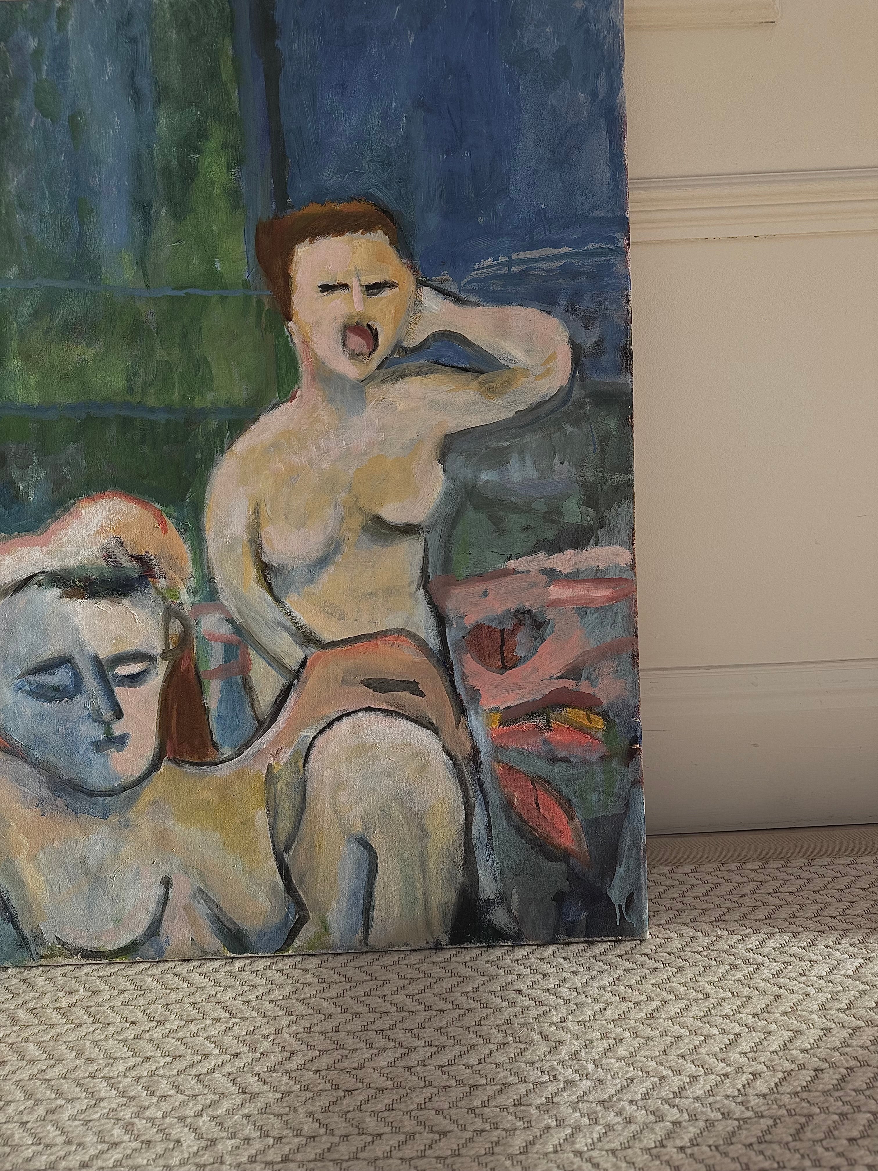 An expressive oil painting of two female nudes