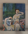 An expressive oil painting of two female nudes
