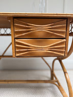 1970s Italian bamboo and rattan writing desk - sculpted bamboo drawer front, close-up