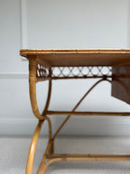 1970s Italian bamboo and rattan writing desk - side lattice and curved support, close-up