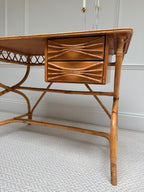 1970s Italian bamboo and rattan writing desk - right three-quarter view showing the drawer side