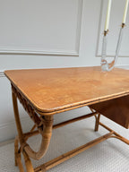 1970s Italian bamboo and rattan writing desk - writing surface from the front three-quarter angle