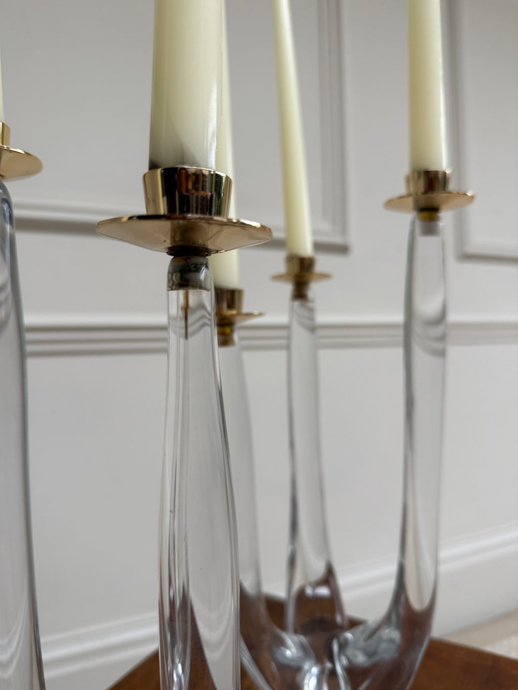 Pair of mid-century sculptural clear glass three-arm candelabras