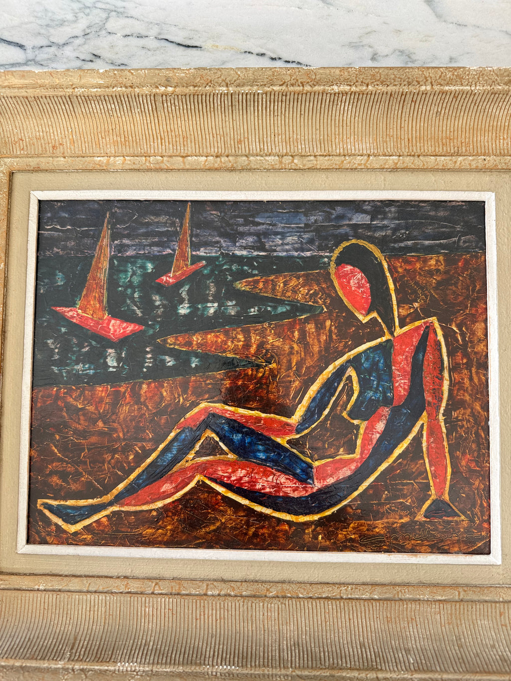 Mid-Century Modern Abstract Expressionist Oil Painting in Ribbed Gilt Frame – Painting – MILLA OBJETS