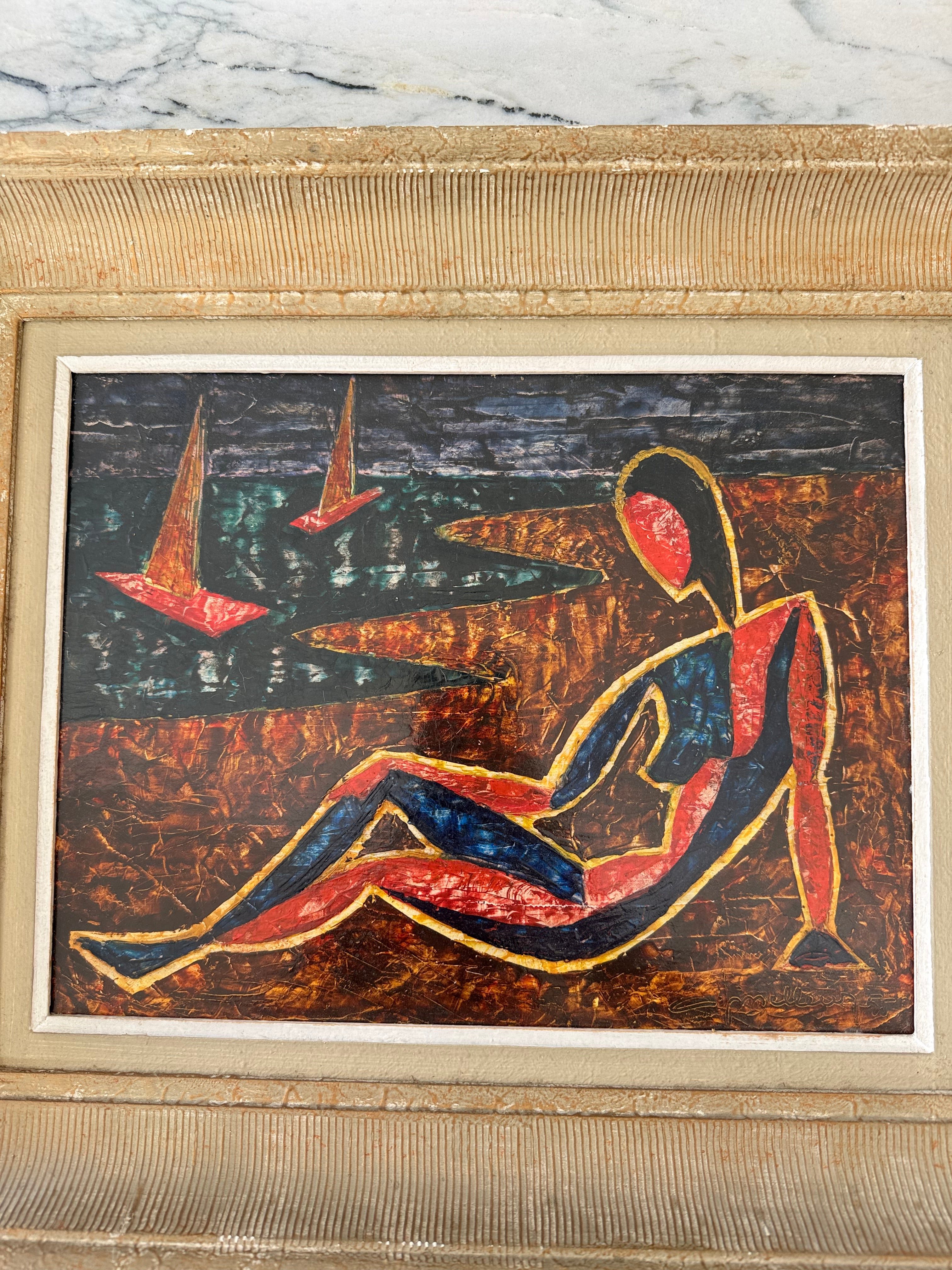 Mid-Century Modern Abstract Expressionist Oil Painting in Ribbed Gilt Frame – Painting – MILLA OBJETS
