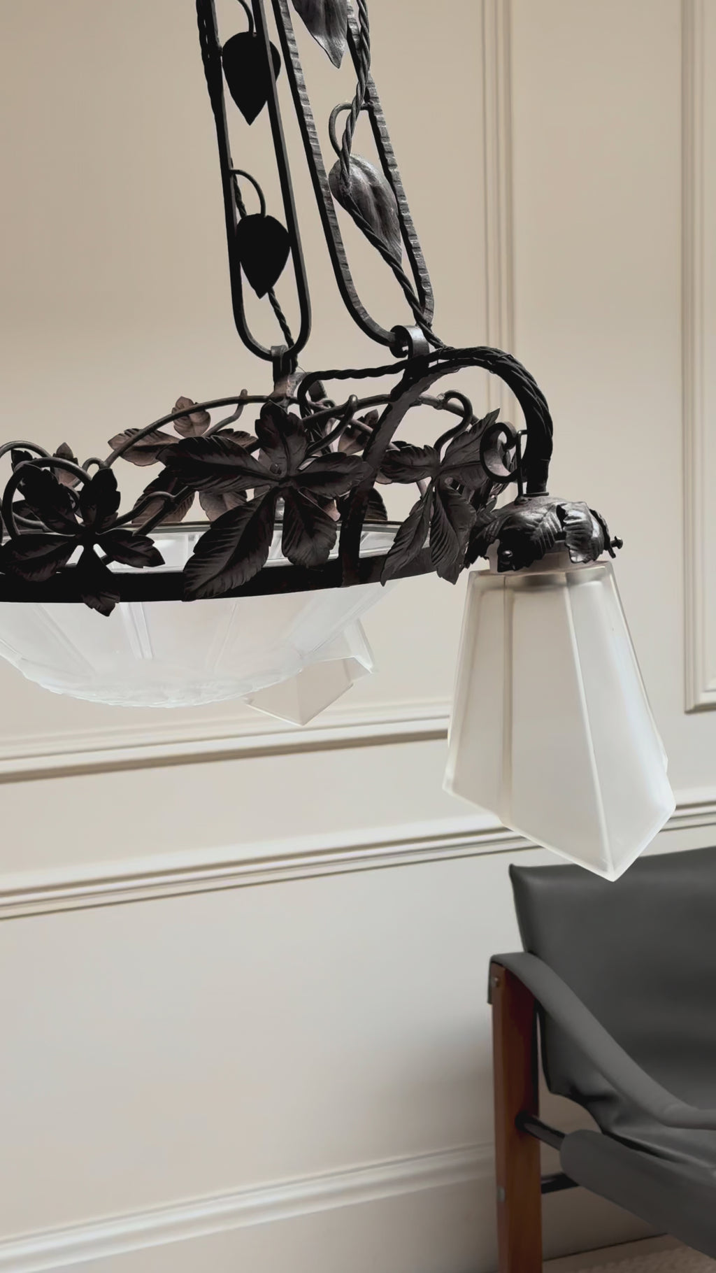 Genet & Michon French Art Nouveau Wrought Iron And Frosted Glass Chandelier