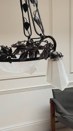 Genet & Michon French Art Nouveau Wrought Iron And Frosted Glass Chandelier