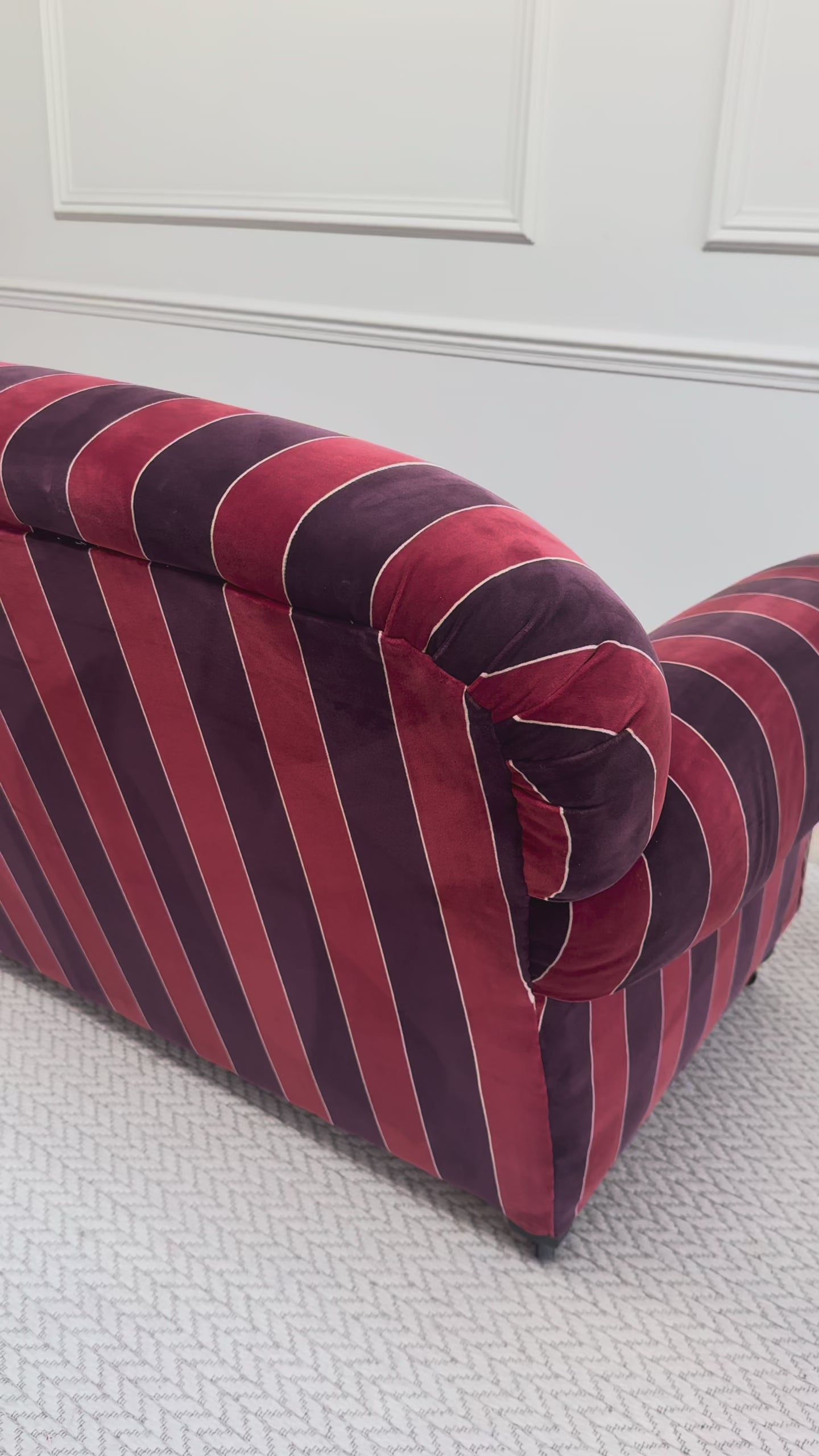 Vintage Curved-Back Striped Velvet Two-Seater Sofa on Castors