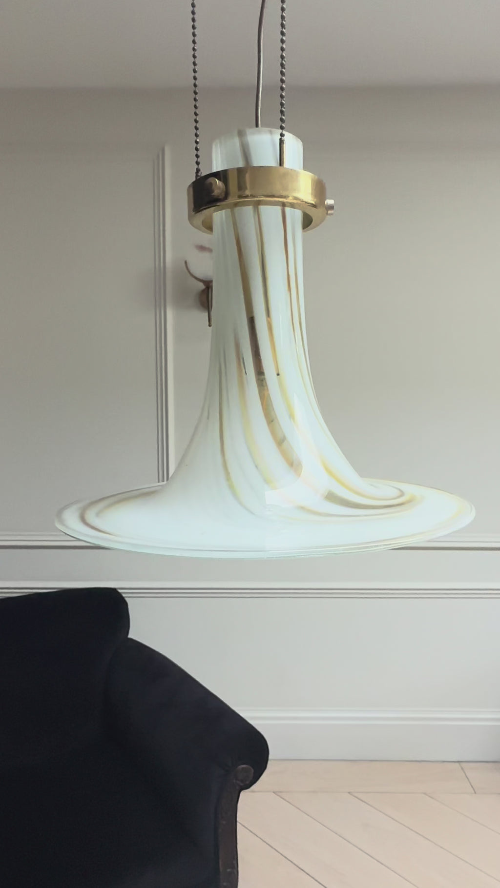 1970’s Mid Century Large Vintage Murano Opaline Swirl Large Glass Pendant Light