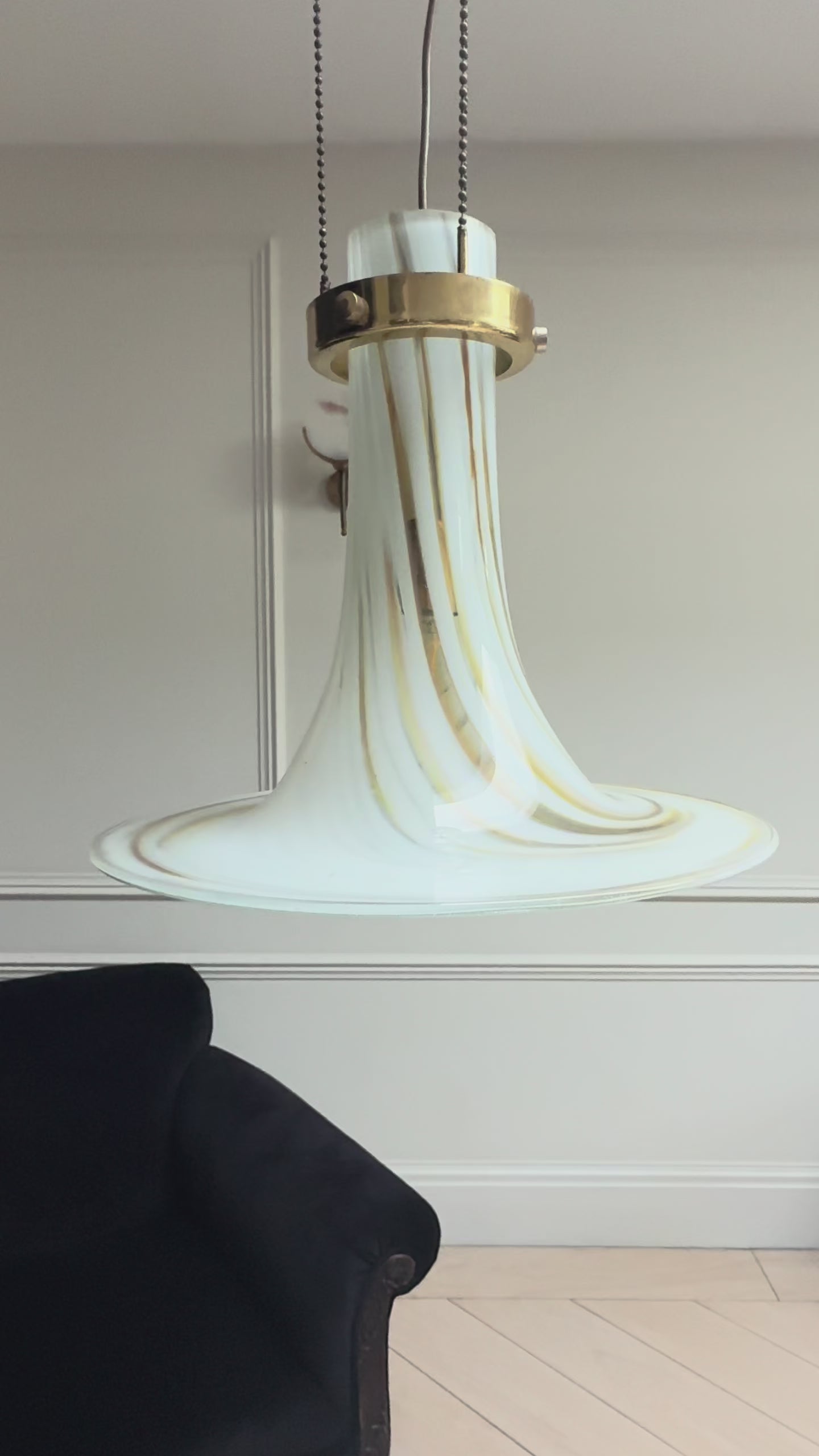 1970’s Mid Century Large Vintage Murano Opaline Swirl Large Glass Pendant Light