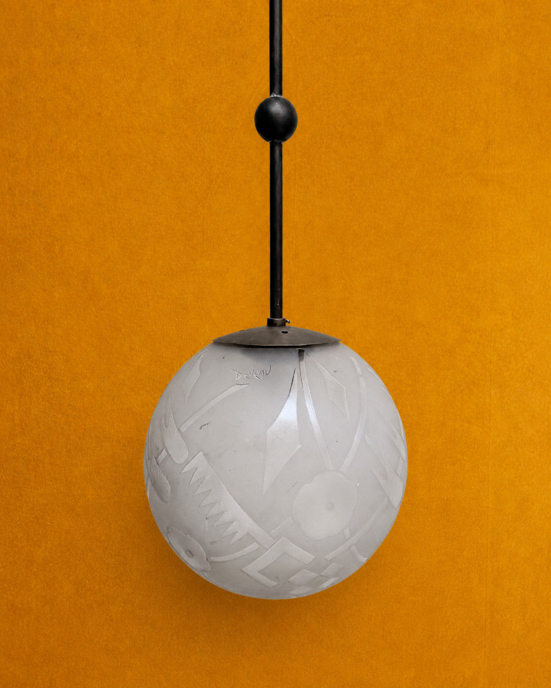 Deveau French Art Deco Frosted Glass And Bronze Pendant Light, France 1930's