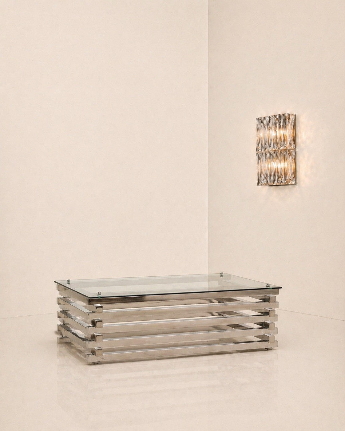 Mid Century Italian Chrome and Glass Coffee Table Stacked Rectangular