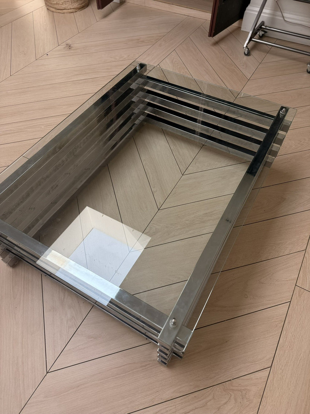Mid Century Italian Chrome and Glass Coffee Table Stacked Rectangular