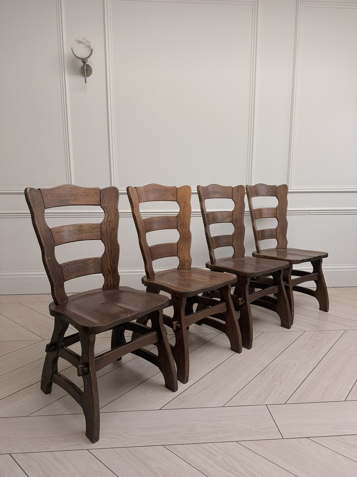 Set of 4 Mid Century Brutalist Oak Dining Chairs Henning kjaernulf style