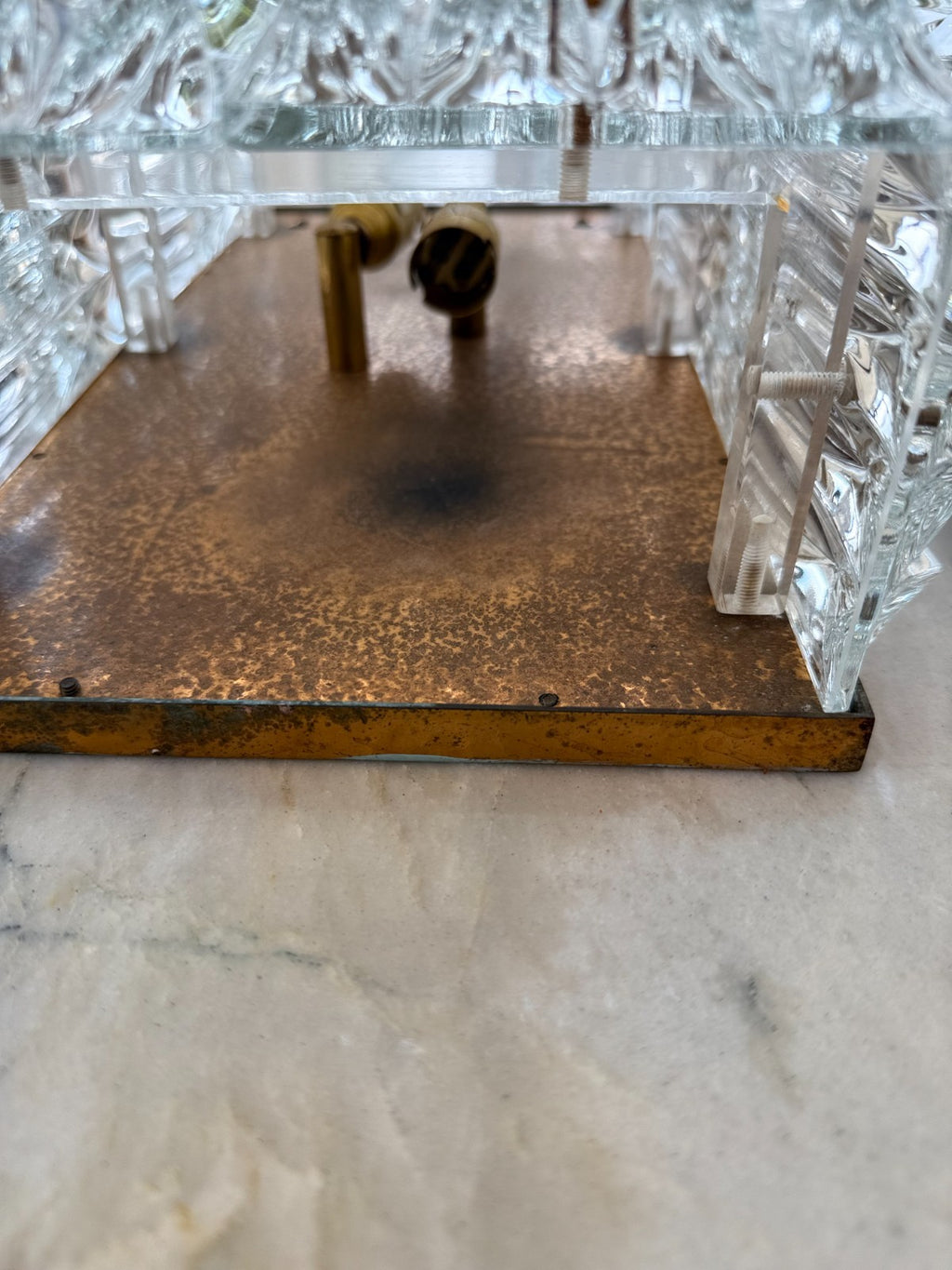 Pair Of Large Mid Century Faceted Glass Wall Sconces With Aged Brass Backplates