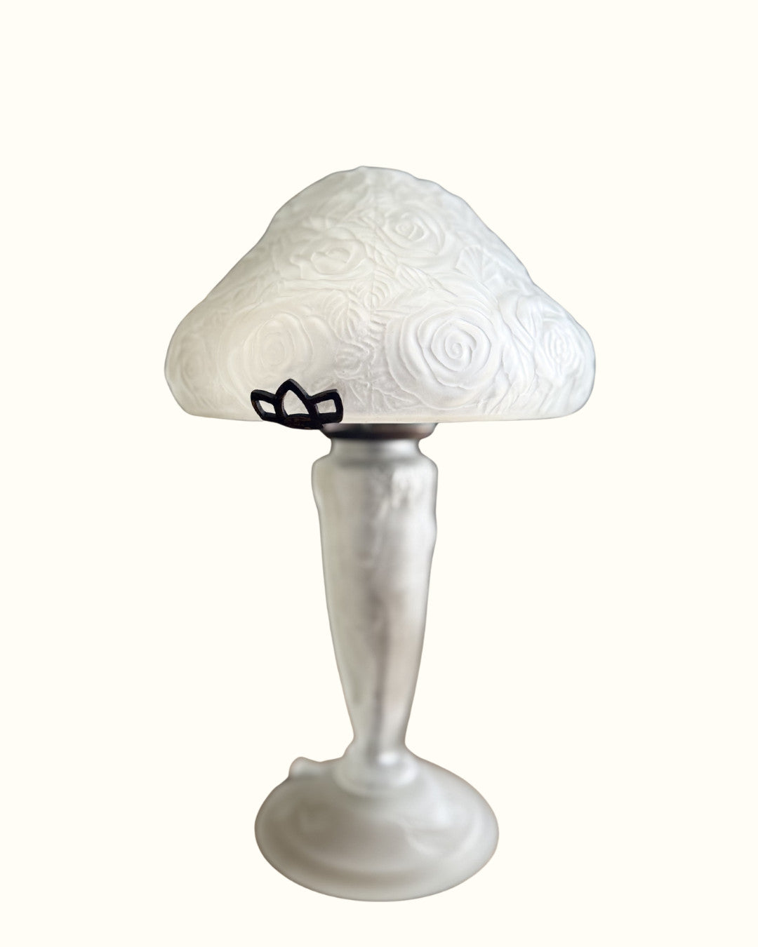 Art Deco Frosted Glass French Mushroom Table Lamp With Rose Relief Shade
