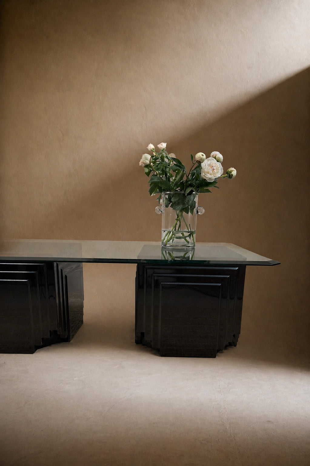Vintage Mid Century Black Lacquer Glass Coffee Table Brutalist Postmodern