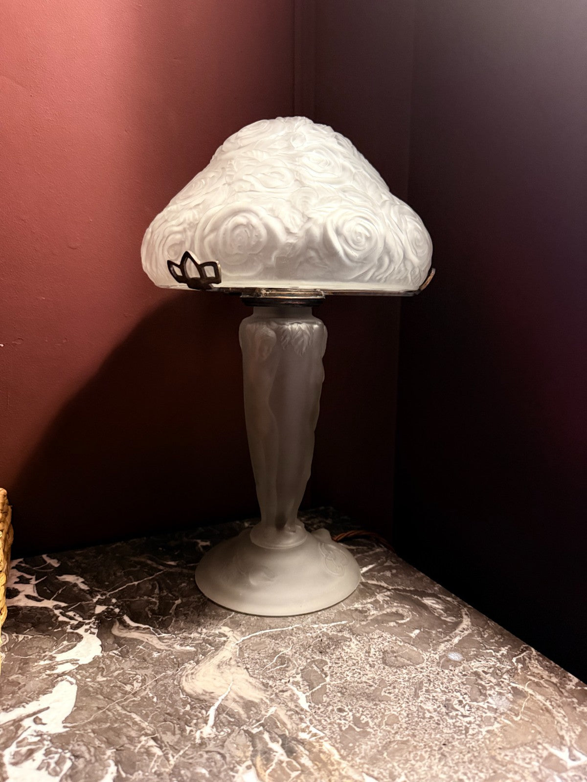 Art Deco Frosted Glass French Mushroom Table Lamp With Rose Relief Shade