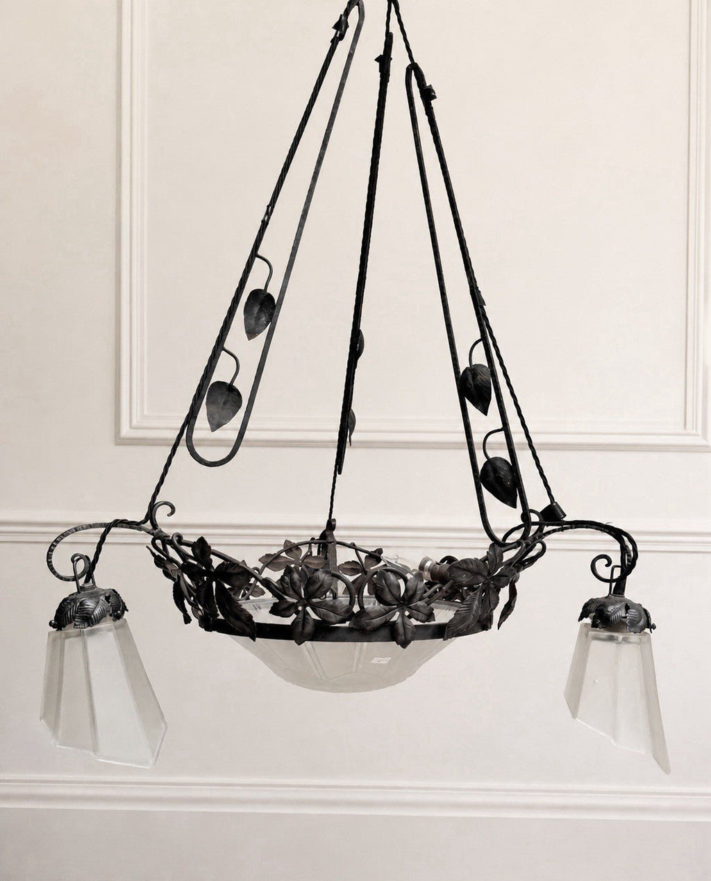 Genet & Michon French Art Nouveau Wrought Iron And Frosted Glass Chandelier – Chandelier – MILLA OBJETS