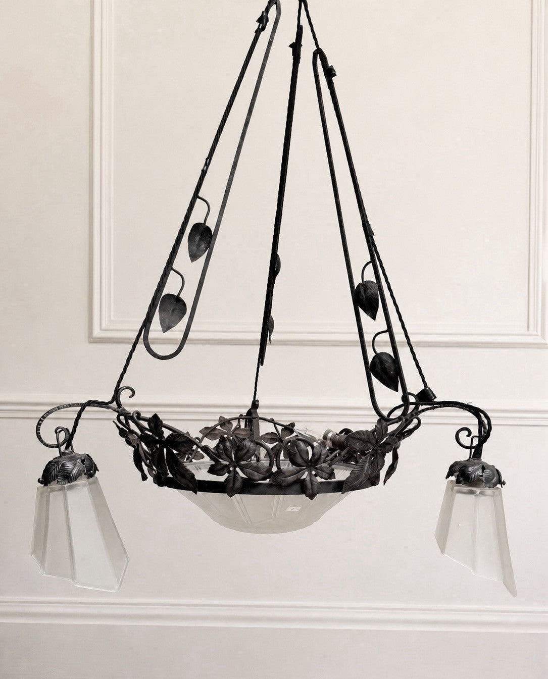 Genet & Michon French Art Nouveau Wrought Iron And Frosted Glass Chandelier