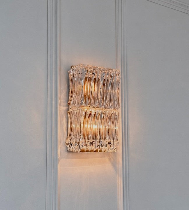 Pair Of Large Mid Century Faceted Glass Wall Sconces With Aged Brass Backplates