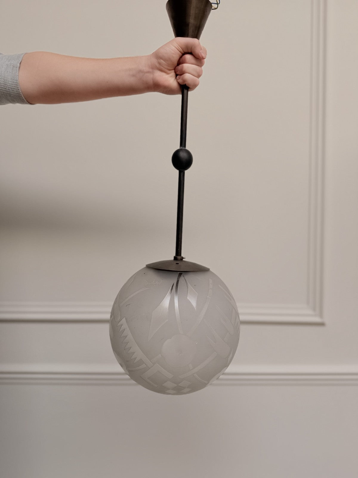 Deveau French Art Deco Frosted Glass And Bronze Pendant Light, France 1930's