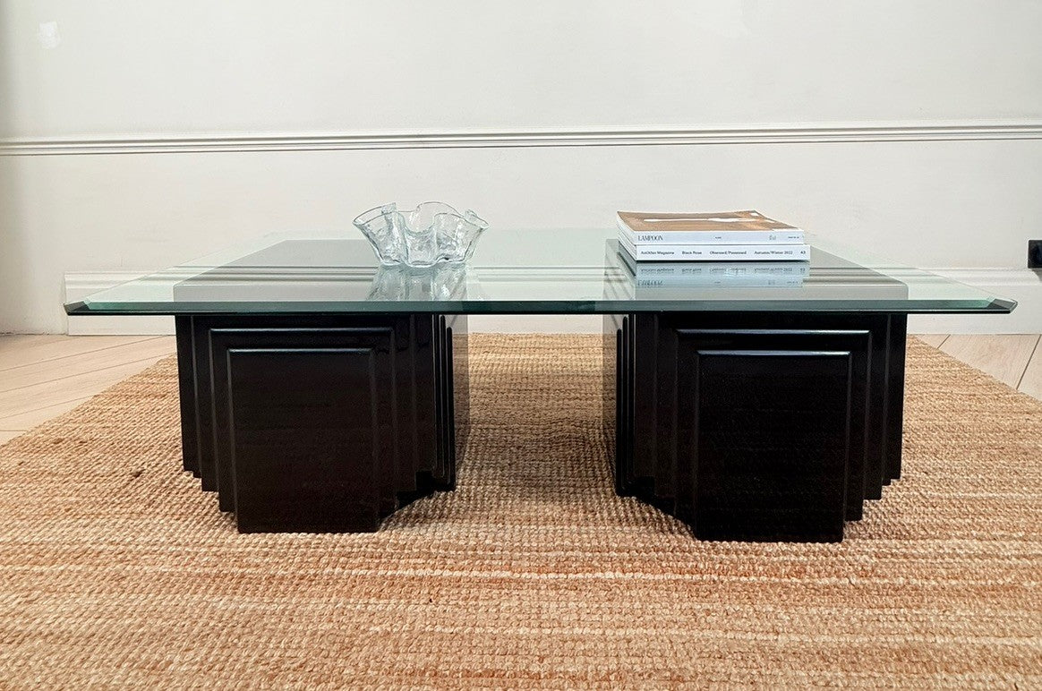 Vintage Mid Century Black Lacquer Glass Coffee Table Brutalist Postmodern