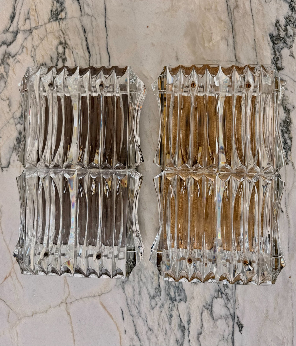 Pair Of Large Mid Century Faceted Glass Wall Sconces With Aged Brass Backplates