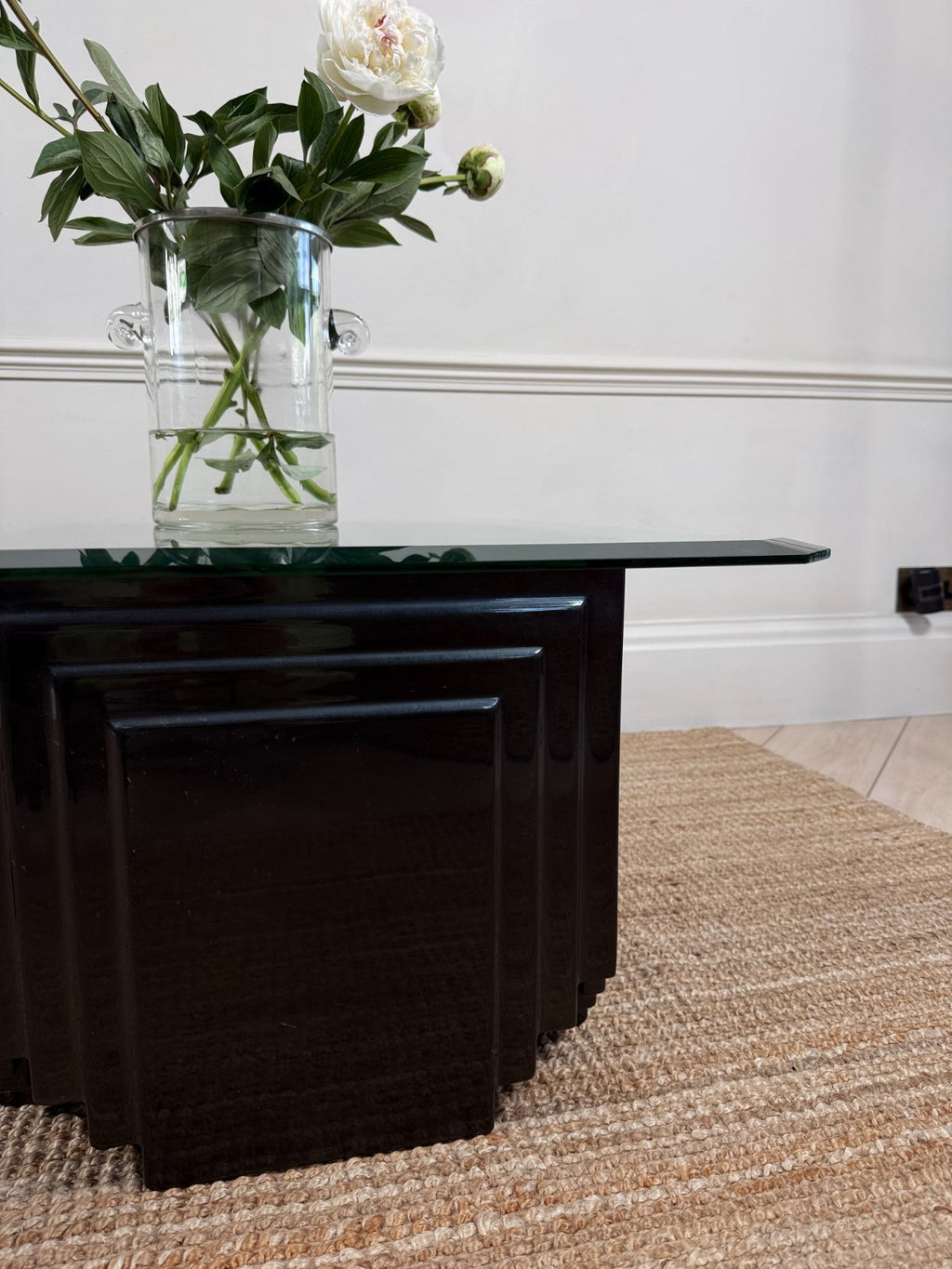 Vintage Mid Century Black Lacquer Glass Coffee Table Brutalist Postmodern