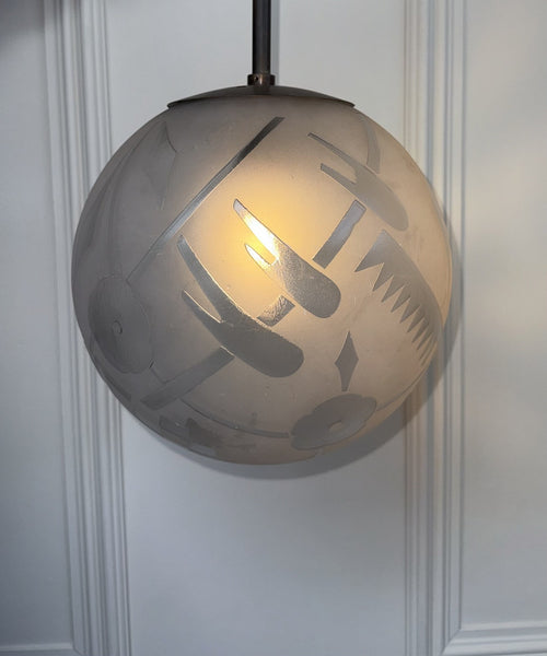 Deveau French Art Deco Frosted Glass And Bronze Pendant Light, France 1930's