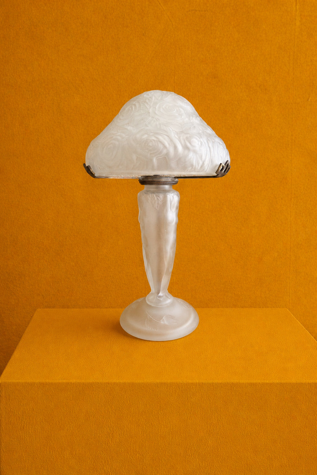 Art Deco Frosted Glass French Mushroom Table Lamp With Rose Relief Shade