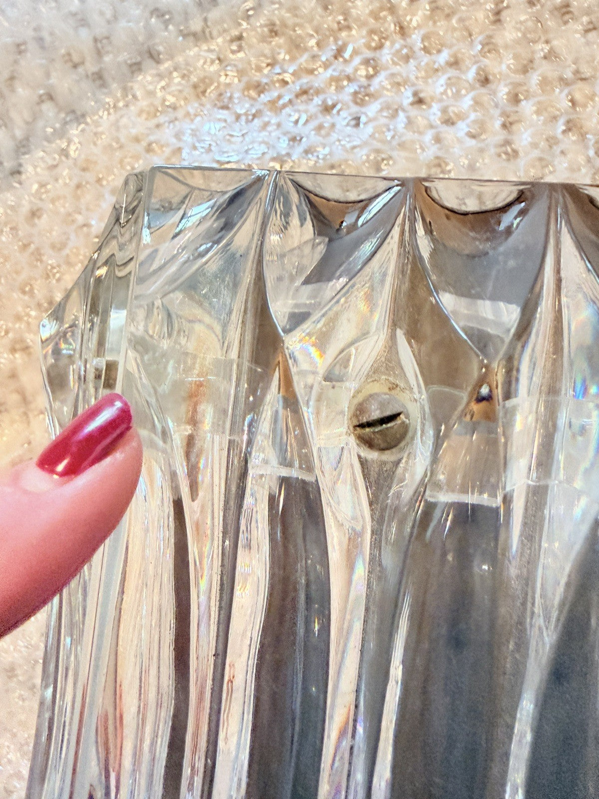 Pair Of Large Mid Century Faceted Glass Wall Sconces With Aged Brass Backplates