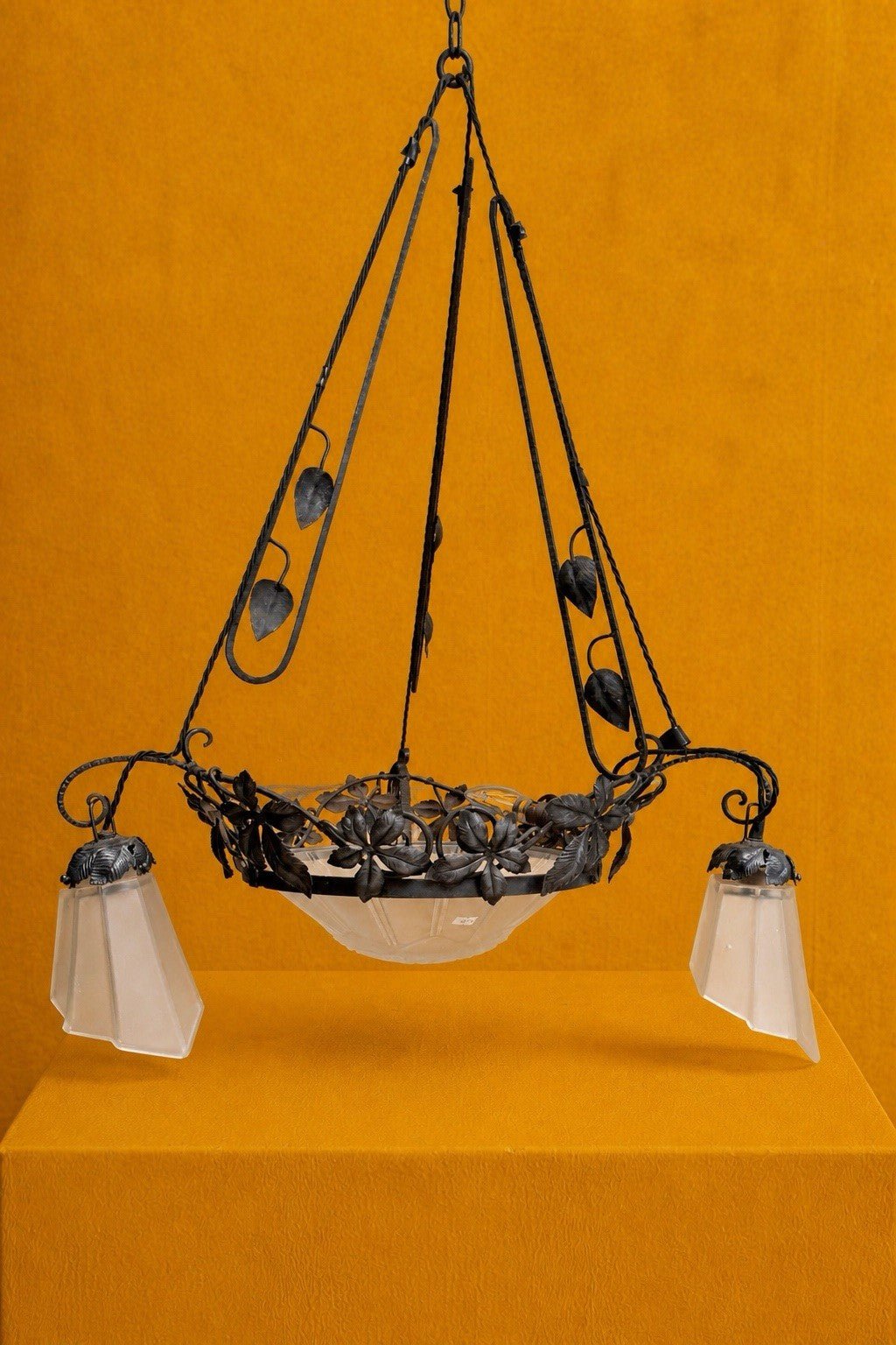 Genet & Michon French Art Nouveau Wrought Iron And Frosted Glass Chandelier – Chandelier – MILLA OBJETS
