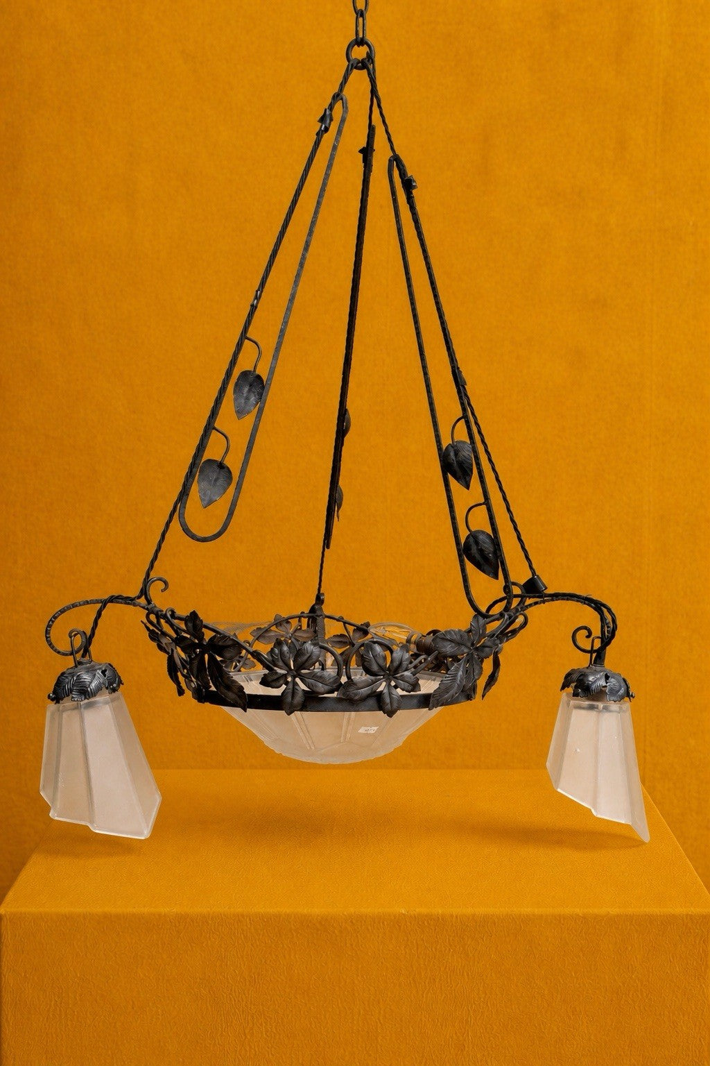 Genet & Michon French Art Nouveau Wrought Iron And Frosted Glass Chandelier