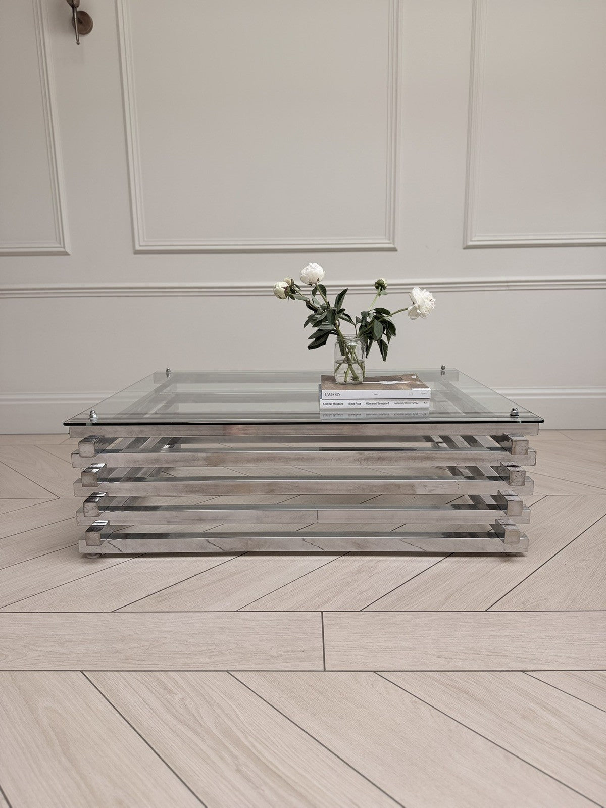 Mid Century Italian Chrome and Glass Coffee Table Stacked Rectangular