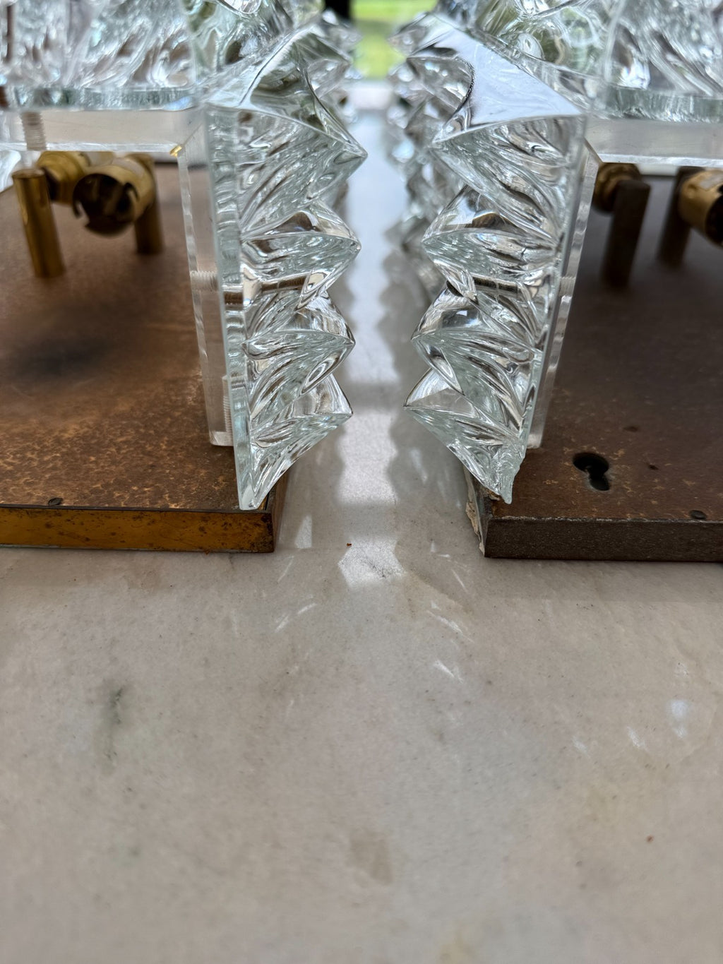 Pair Of Large Mid Century Faceted Glass Wall Sconces With Aged Brass Backplates