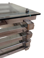 Italian chrome and glass stacked coffee table - glass corner and stacked chrome frame, close-up